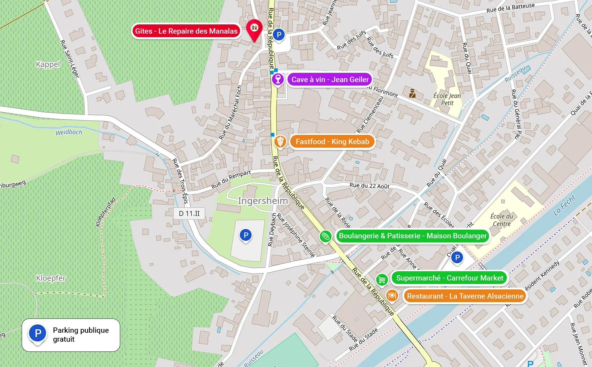 Carte d'Ingersheim situant les gîtes rue du Maréchal Foch, et autour d'eux la cave à vin Jean Geiler, la boulangerie Maison Boulanger, le supermarché Carrefour Market, le restaurant La Taverne Alsacienne, un fast-food et plusieurs parkings publics gratuits.